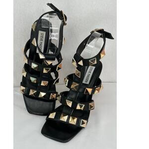 Steve Madden Buker Black Sandal Heels with Gold Studs Ankle Strap Buckle 7M
